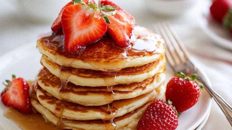 Pancake recipes – Stack of golden pancakes topped with syrup and butter.
