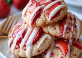 Strawberry shortcake cookies – Golden cookies topped with fresh strawberries and cream.