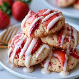 Strawberry shortcake cookies – Golden cookies topped with fresh strawberries and cream.