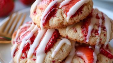 Strawberry shortcake cookies – Golden cookies topped with fresh strawberries and cream.