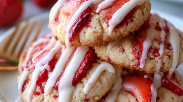 Strawberry shortcake cookies – Golden cookies topped with fresh strawberries and cream.