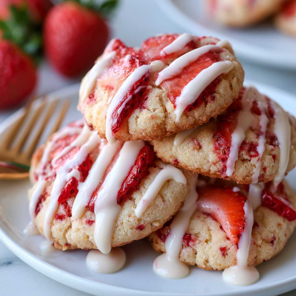 Strawberry shortcake cookies – Golden cookies topped with fresh strawberries and cream.