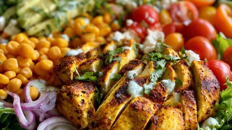 High protein chicken salad with Greek yogurt dressing – A bowl of shredded chicken, crisp vegetables, and creamy Greek yogurt dressing.