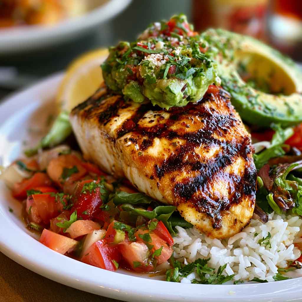 Grilled chicken breasts topped with fresh avocado slices, melted cheese, tomatoes, and herbs on a serving platter.