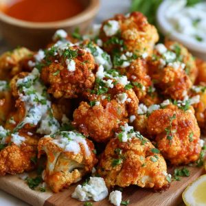 Crispy buffalo cauliflower bites coated in spicy buffalo sauce and served with ranch dressing and celery sticks.