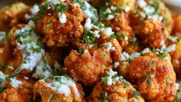Crispy buffalo cauliflower bites coated in spicy buffalo sauce and served with ranch dressing and celery sticks.