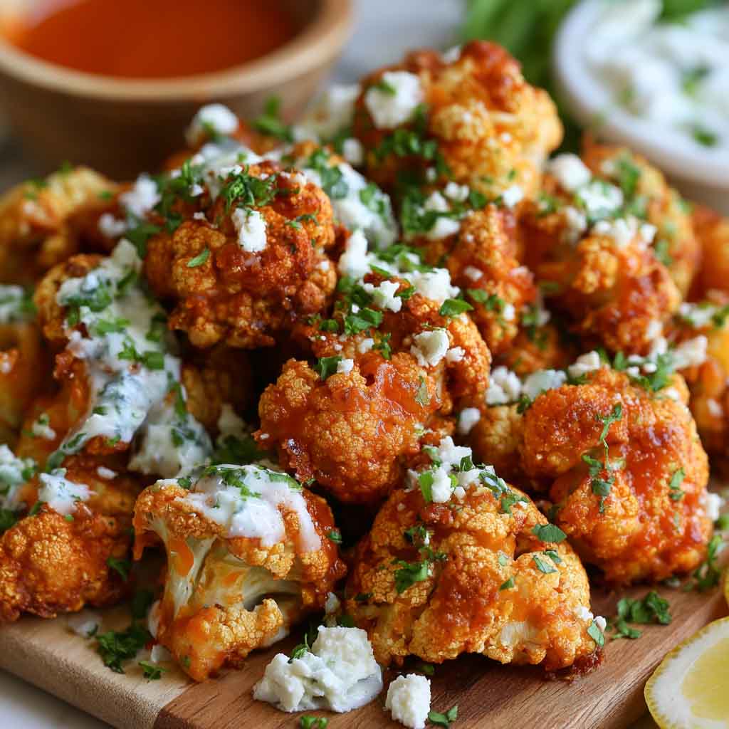 Crispy buffalo cauliflower bites coated in spicy buffalo sauce and served with ranch dressing and celery sticks.