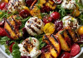Peach burrata summer salad – Fresh peach slices with creamy burrata, basil, and arugula on a platter.