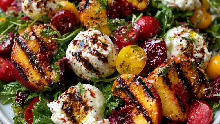 Peach burrata summer salad – Fresh peach slices with creamy burrata, basil, and arugula on a platter.