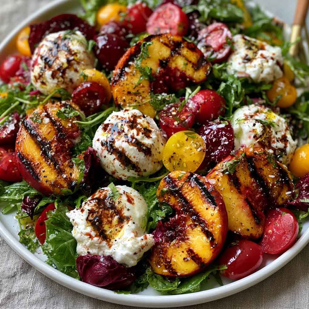 Peach burrata summer salad – Fresh peach slices with creamy burrata, basil, and arugula on a platter.