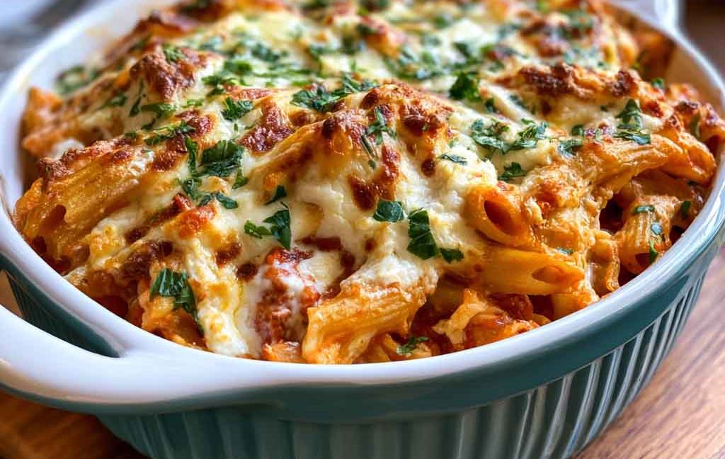 Golden ricotta pasta bake fresh from the oven