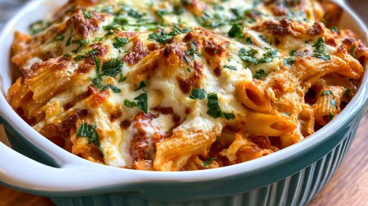 Golden ricotta pasta bake fresh from the oven