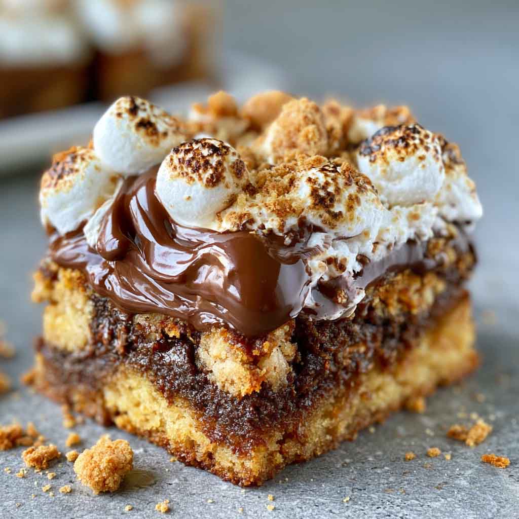 Gooey s'mores cookie bars layered with melted chocolate, toasted marshmallows, and a soft cookie base.