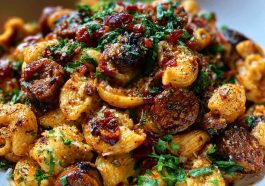 One-pot honey BBQ sausage pasta made with smoky sausage, tender pasta, and a rich honey barbecue sauce garnished with parsley.