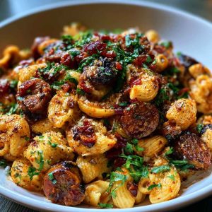One-pot honey BBQ sausage pasta made with smoky sausage, tender pasta, and a rich honey barbecue sauce garnished with parsley.