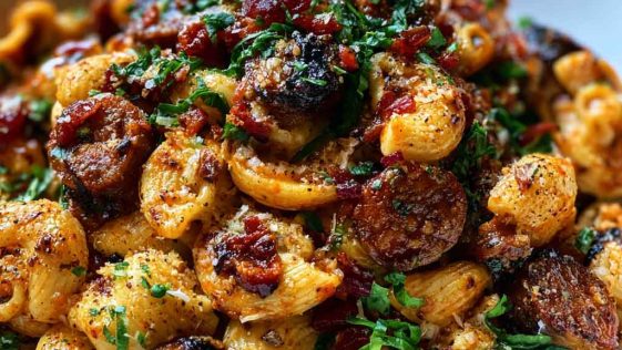 One-pot honey BBQ sausage pasta made with smoky sausage, tender pasta, and a rich honey barbecue sauce garnished with parsley.