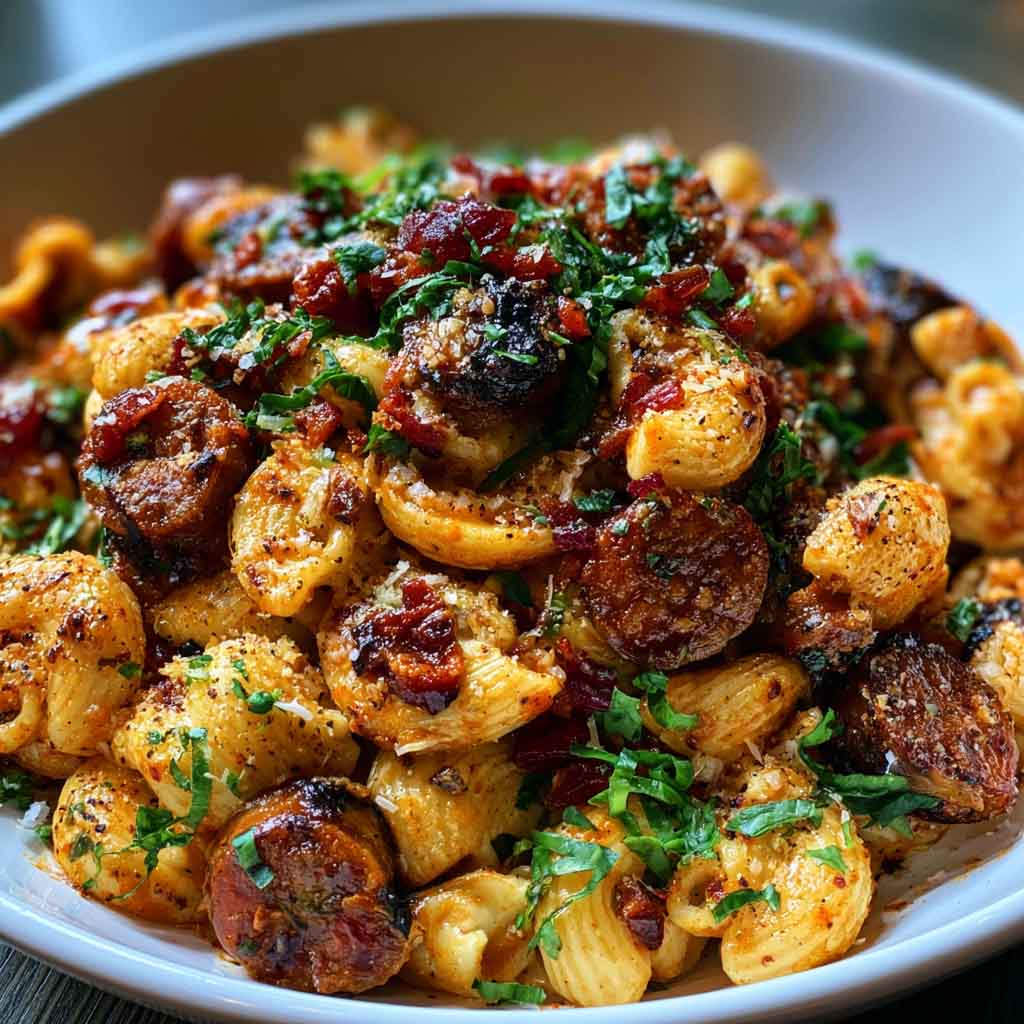 One-pot honey BBQ sausage pasta made with smoky sausage, tender pasta, and a rich honey barbecue sauce garnished with parsley.
