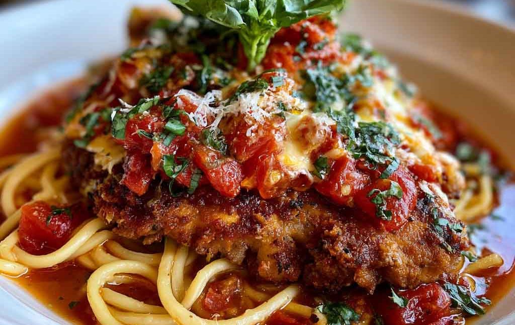 Crispy Chicken Romano topped with Romano cheese crust, served with a creamy pasta side and garnished with fresh parsley.