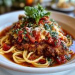 Crispy Chicken Romano topped with Romano cheese crust, served with a creamy pasta side and garnished with fresh parsley.