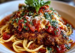 Crispy Chicken Romano topped with Romano cheese crust, served with a creamy pasta side and garnished with fresh parsley.