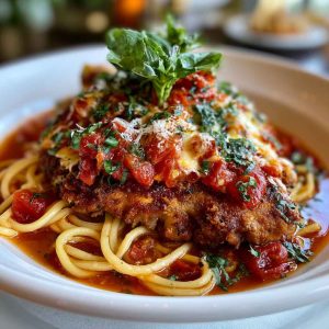 Crispy Chicken Romano topped with Romano cheese crust, served with a creamy pasta side and garnished with fresh parsley.