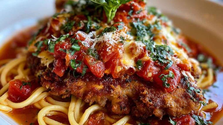 Crispy Chicken Romano topped with Romano cheese crust, served with a creamy pasta side and garnished with fresh parsley.