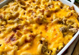 Cheesy Cheeseburger Casserole made with ground beef, pasta, and melted cheddar cheese baked until golden.