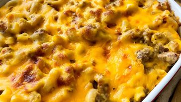 Cheesy Cheeseburger Casserole made with ground beef, pasta, and melted cheddar cheese baked until golden.