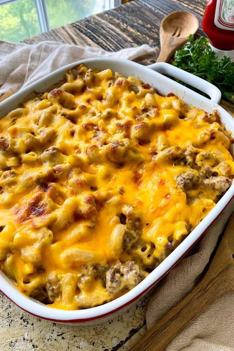 Cheesy Cheeseburger Casserole made with ground beef, pasta, and melted cheddar cheese baked until golden.