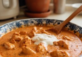 “Authentic butter chicken with rice butter chicken recipeand herbs”