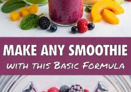 Creamy healthy fruit smoothie made with frozen mixed berries, poured into a clear glass with fresh blueberries scattered on top.