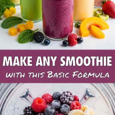 Creamy healthy fruit smoothie made with frozen mixed berries, poured into a clear glass with fresh blueberries scattered on top.