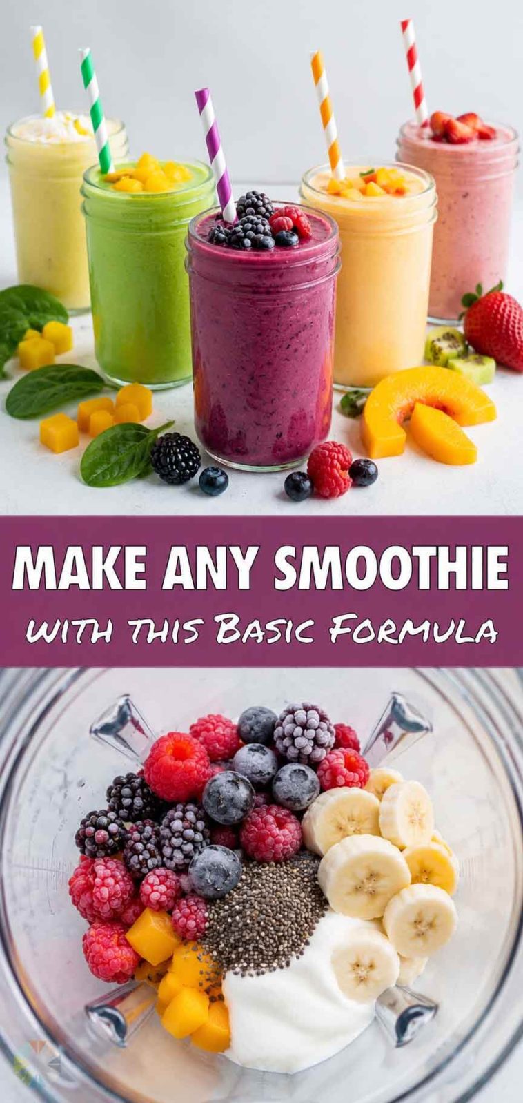 Creamy healthy fruit smoothie made with frozen mixed berries, poured into a clear glass with fresh blueberries scattered on top.