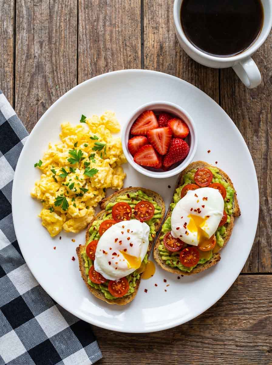 Healthy scrambled eggs with strawberries and avocado toast on a plate.Healthy Breakfast