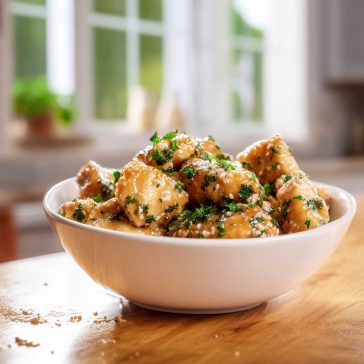 Garlic Butter Chicken Bites in a cast iron skillet with rich garlic butter sauce, fresh parsley garnish, and lemon wedges on the side.