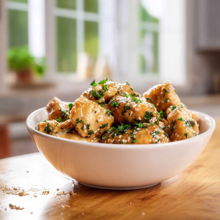 Garlic Butter Chicken Bites in a cast iron skillet with rich garlic butter sauce, fresh parsley garnish, and lemon wedges on the side.