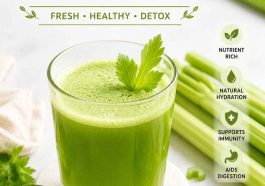 Fresh green celery juice recipe poured into a clear glass, surrounded by fresh celery stalks and lemon slices on a wooden table. Homemade Celery Juice