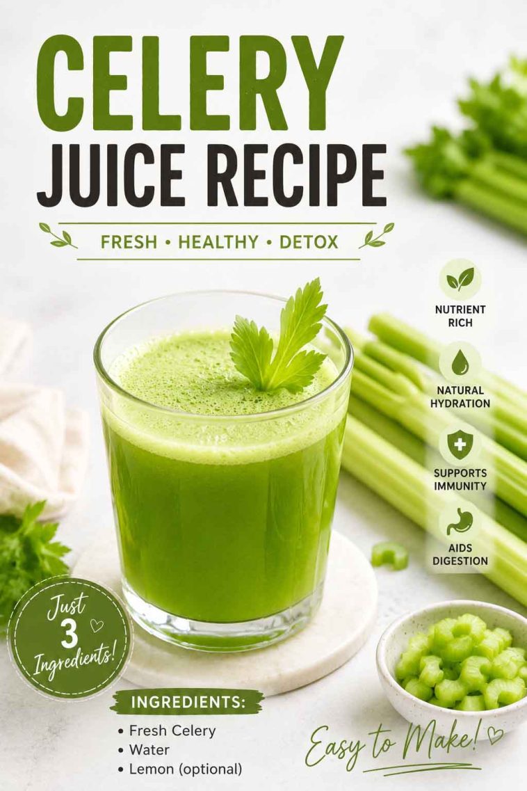 Fresh green celery juice recipe poured into a clear glass, surrounded by fresh celery stalks and lemon slices on a wooden table. Homemade Celery Juice