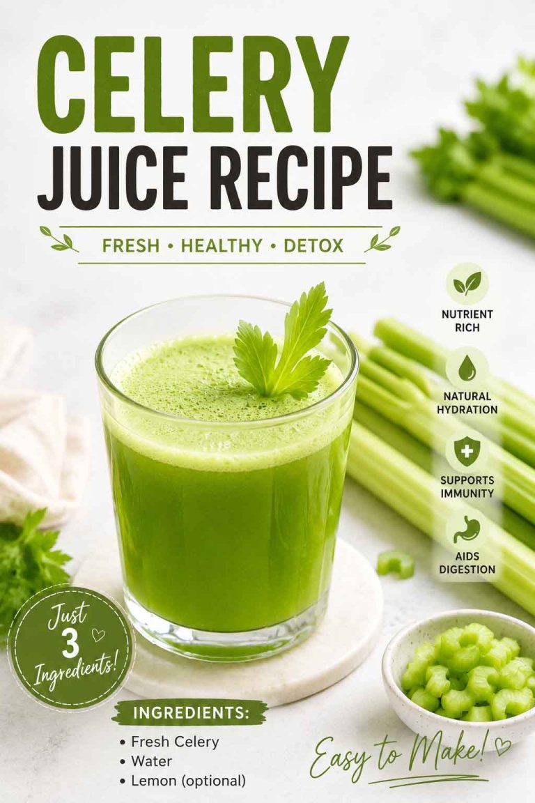 Fresh green celery juice recipe poured into a clear glass, surrounded by fresh celery stalks and lemon slices on a wooden table. Homemade Celery Juice