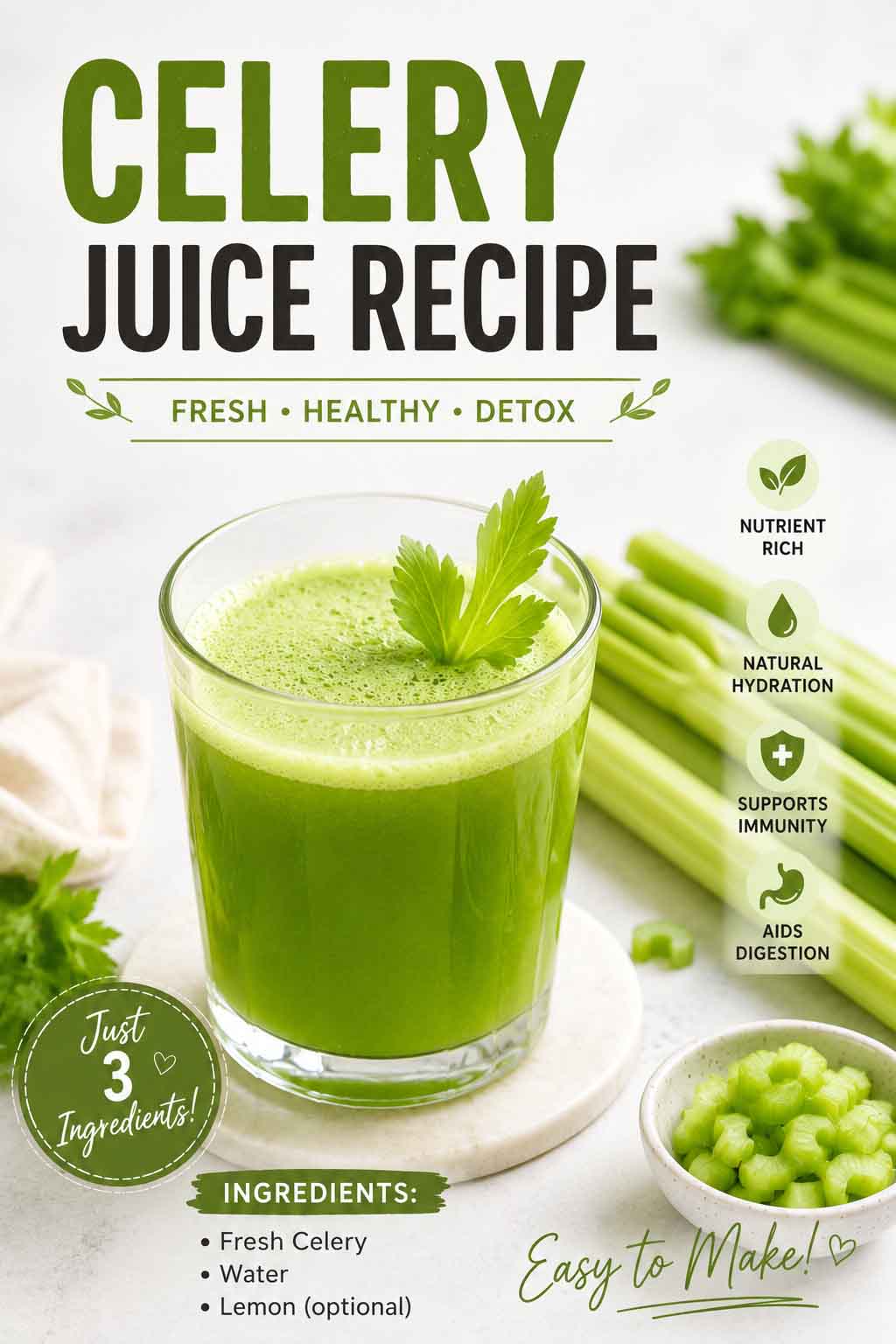 Fresh green celery juice recipe poured into a clear glass, surrounded by fresh celery stalks and lemon slices on a wooden table. Homemade Celery Juice
