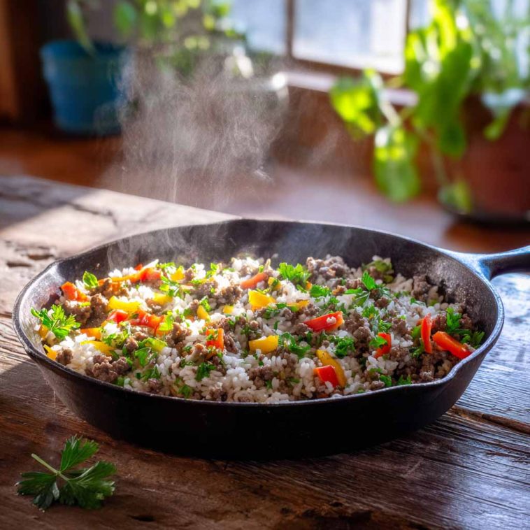 Ground Beef and Rice Skillet in a cast iron skillet with seasoned ground beef, fluffy white rice, diced bell peppers, onions, and melted cheddar cheese, topped with fresh parsley.