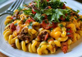 Cheesy Cheeseburger Casserole baked with seasoned ground beef, pasta, and melted cheddar cheese in a casserole dish.