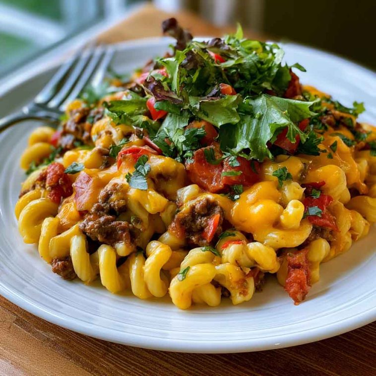 Cheesy Cheeseburger Casserole baked with seasoned ground beef, pasta, and melted cheddar cheese in a casserole dish.