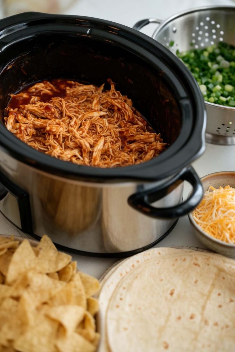 Easy BBQ chicken recipe – Crockpot chicken served with tangy BBQ glaze.