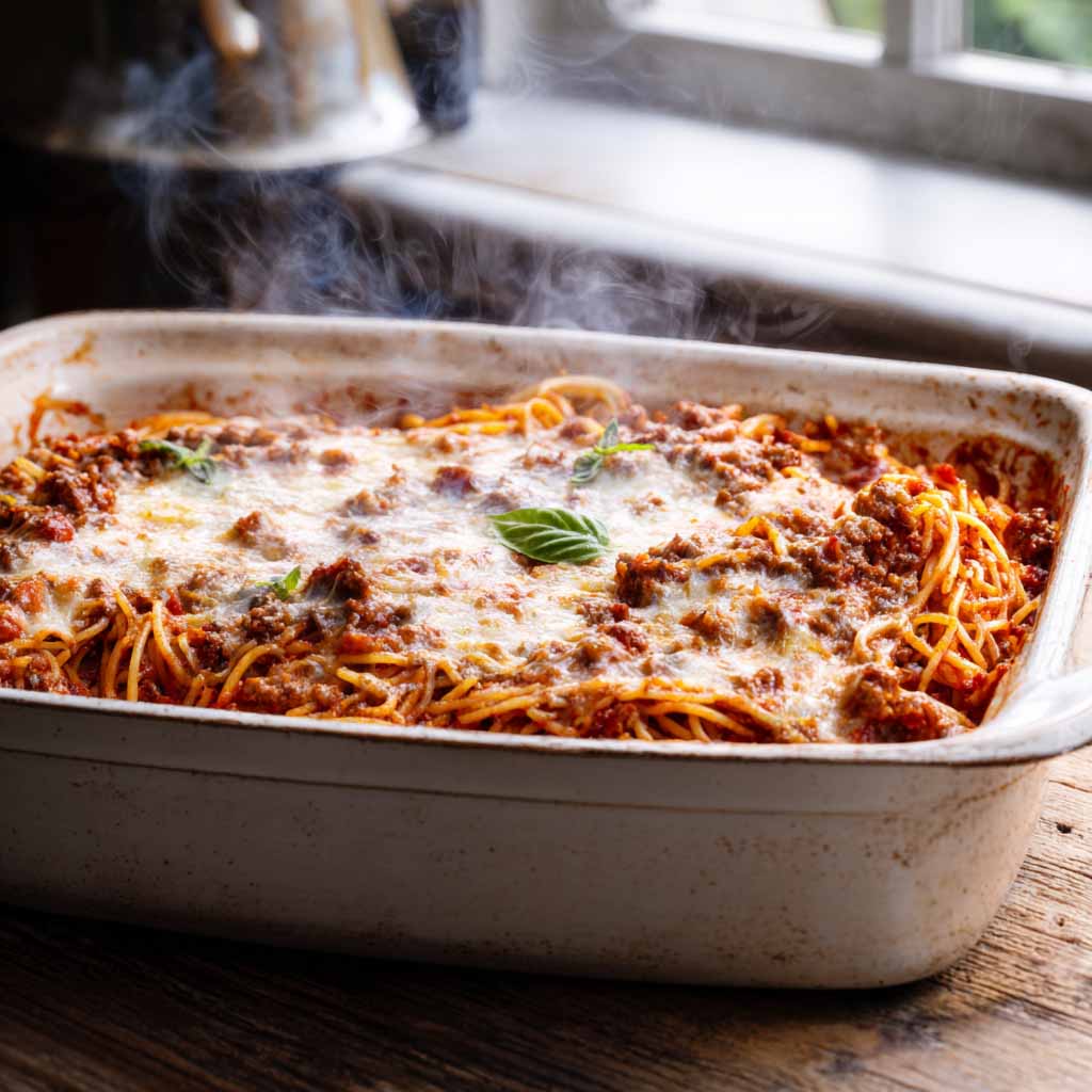 Million Dollar Spaghetti baked with melted cheese and meat sauce in a casserole dish.
