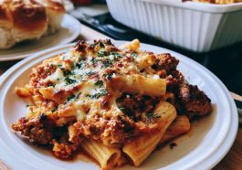 Cheesy Baked Ziti with layers of pasta, rich meat sauce, ricotta, and melted mozzarella baked until golden.