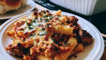 Cheesy Baked Ziti with layers of pasta, rich meat sauce, ricotta, and melted mozzarella baked until golden.