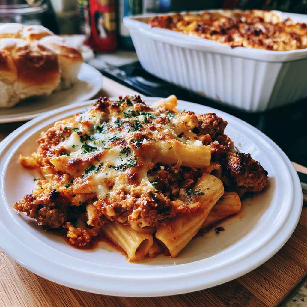 Cheesy Baked Ziti with layers of pasta, rich meat sauce, ricotta, and melted mozzarella baked until golden.