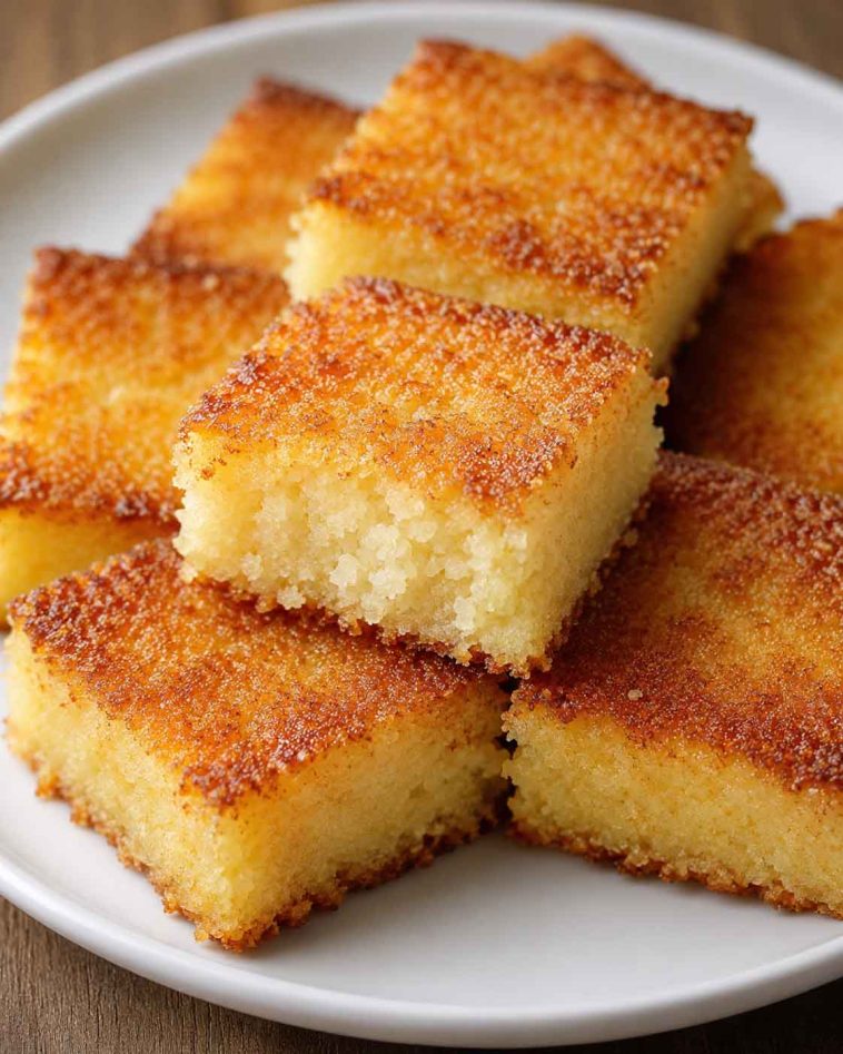 Golden coconut cake squares with a crispy caramelized top and soft, moist center served on a white plate for an easy homemade dessert.