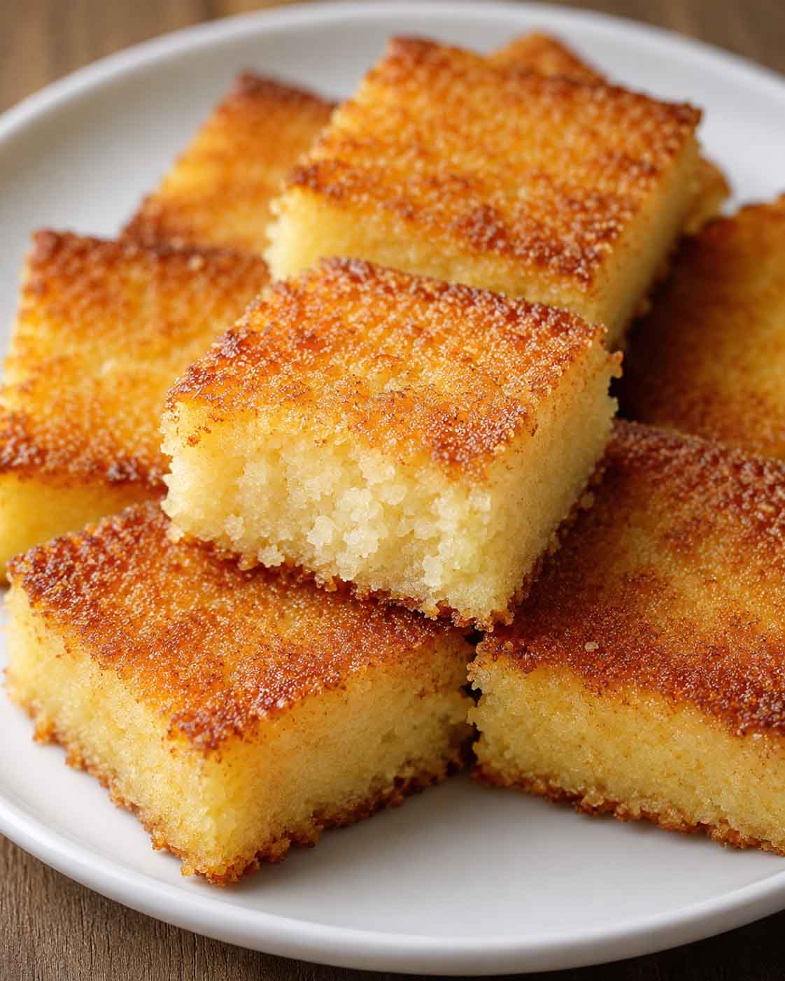 Golden coconut cake squares with a crispy caramelized top and soft, moist center served on a white plate for an easy homemade dessert.